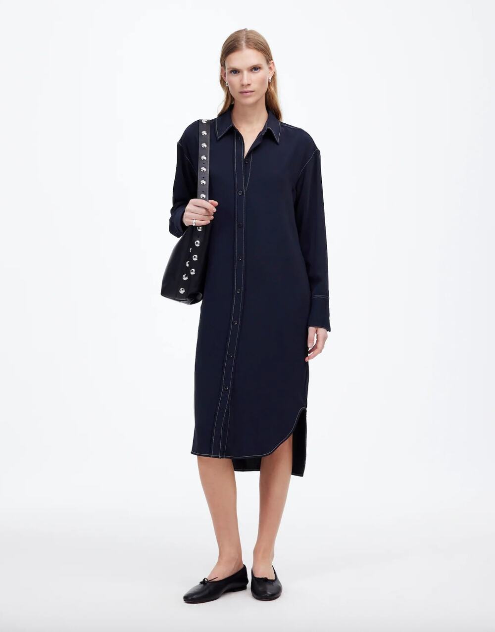 NEW Madewell Contrast-Stitched Midi Shirtdress Size XS Minimalist Preppy Hipster